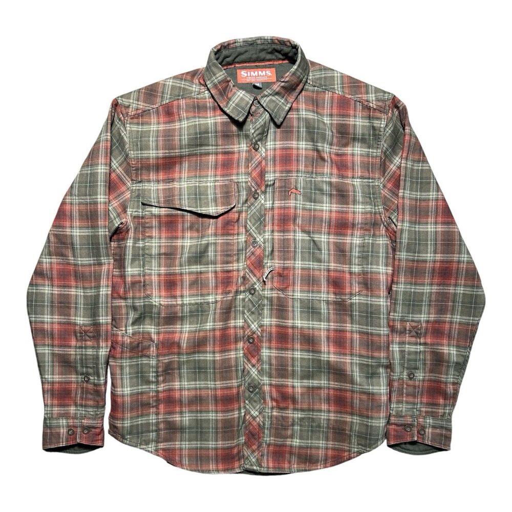 Simms Guide Flannel Long Sleeve Button Down Plaid Brown Orange Men’s M